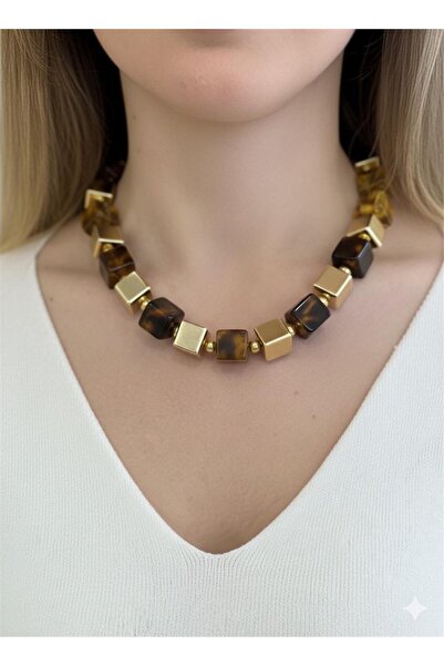 Pelin Aksesuar Modern Design Brown and Gold Cube Beaded Statement Necklace