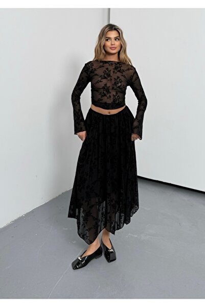 BEJNA Women's Embossed Patterned Asymmetrical Tulle Skirt