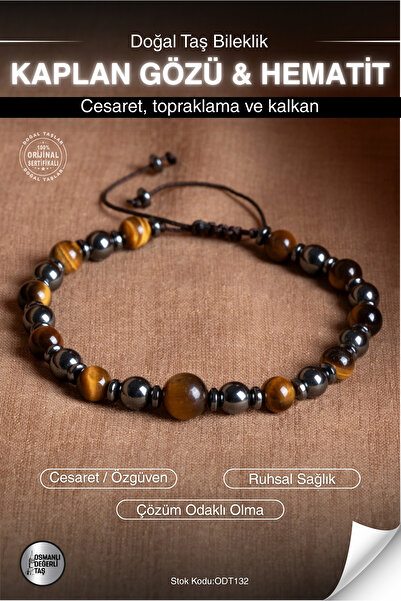 OSMANLI DEĞERLİ TAŞ Certified Tiger Eye & Hematite Natural Stone Macrame Brac...