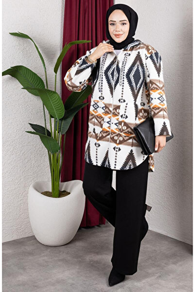 sefamerve Patterned Hooded Plush Cardigan 2062-02 Brown