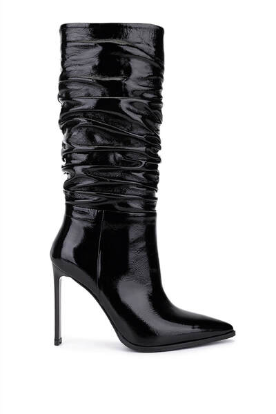 Tamer Tanca Kadın Hakiki Deri Siyah Rugan Topuklu Çizme