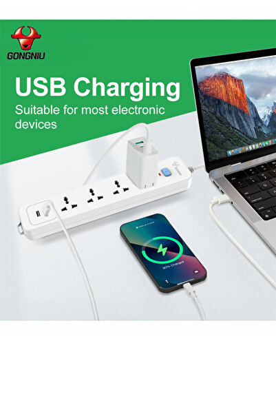 GONGNIU سلك تمديد 3 متر مع منفذي USB 3 و4 مقابس متعددة مع مفتاح رئيسي