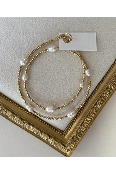Mojo Jewellery Gold Detaylı İncili Çelik Choker Kolye