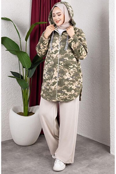 sefamerve سترة منقوشة بغطاء رأس من القطيفة 2062-01 كاكي أسود