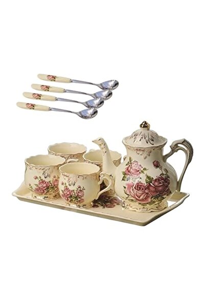 Xess DEONG Tea Set Porcelain Vintage Rose Series, Tea Cups with Teapot, Serving Tray and Teaspoon Service