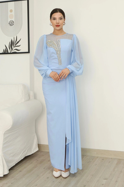 lodmela ياقة من التول وتفاصيل مطوية عند الخصر وفستان سهرة شق 2313-أزرق فاتح