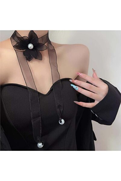Pelin Aksesuar Gothic Romantic Black Tulle Long Ribbon Choker with Flowers and Pearls