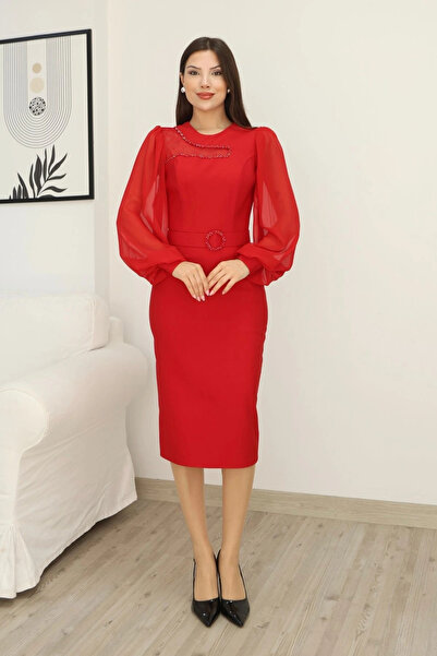 lodmela Tulle and Embroidery Detailed Midi Dress 2285-Red