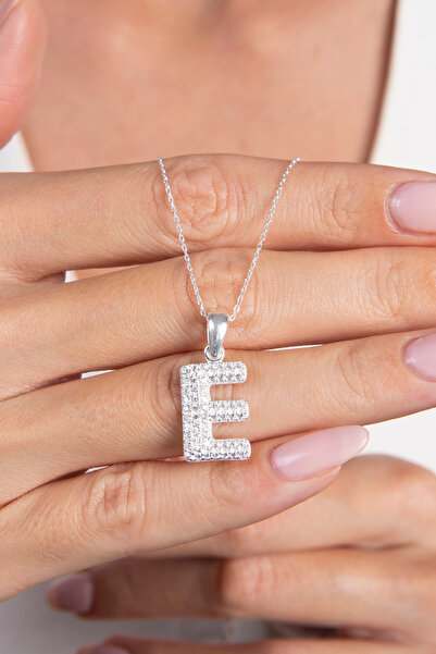 Elika Silver 925 Ayar Gümüş Zirkon Taşlı 3 Boyutlu Balon E Harfi Kolye