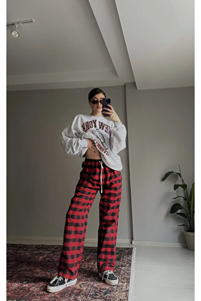 8line Plaid Patterned Lace-Up Sweatpants Red