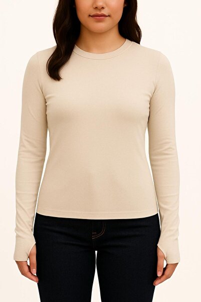 Hayalet Soft Modal Textured Cotton Woven Long Sleeve Finger-Loop Crew Neck Bodysuit – Stretchy Basic T-Shirt