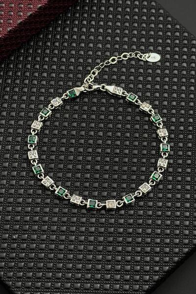 FRNCH 925 Ayar Gümüş Yeşil-Beyaz Zirkon Taşlı Gümüş Renk Erkek Bileklik FRJ12...