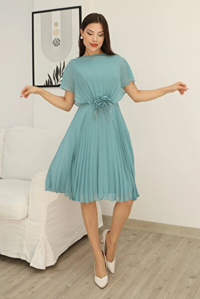 lodmela Floral Detailed Pleated Dress 2378-Cagla Green