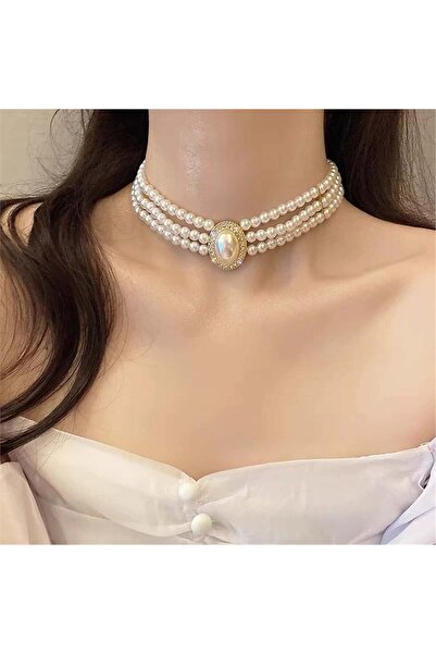 Pelin Aksesuar Vintage Style Crystal Stone Oval Design Three Rows Pearl Choker