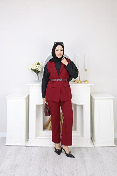 moda paketi Women's Belted Vest Pants Set – Hijab-Friendly Stylish Two-Piece Set Office Combination-Lined