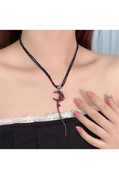 Pelin Aksesuar Black Crystal Beaded Red Stone Gothic Moon Star Dangle Necklace