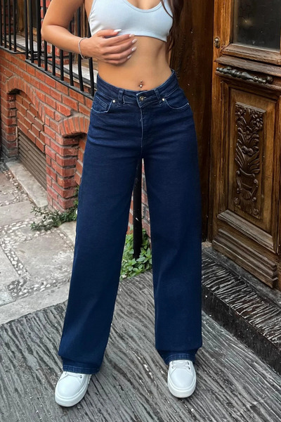 kleshus Nvn Navy Blue Γυναικείο Casual Lycra Άνετο Παντελόνι Palazzo Τζιν Νέο-3