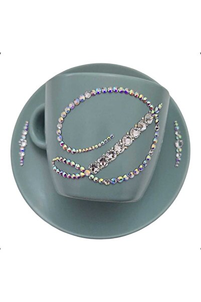 by Alexandra Vacarusi Turquoise cup and saucer set, 36 cl, initial D, personalized with Crystals,