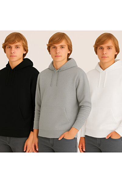 DeFacto 3lü Boxy Fit Kapüşonlu Basic Düz Sweatshirt D0852AX24AU