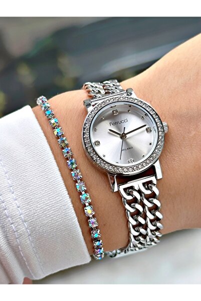 Ferrucci TAŞ RAKAMLI TAŞ BEZEL ZİNCİR KORDONLU GÜMÜŞ METAL KADIN KOL SAATİ