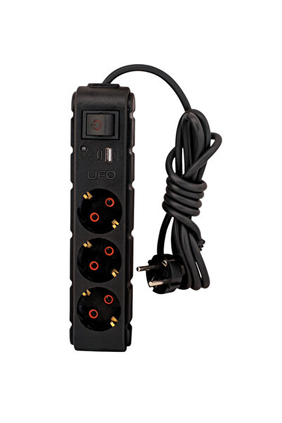 UFO Akım korumalı grup priz 1.5 mt kablolu anahtarlı siyah 3 lü ve USB+type-c...