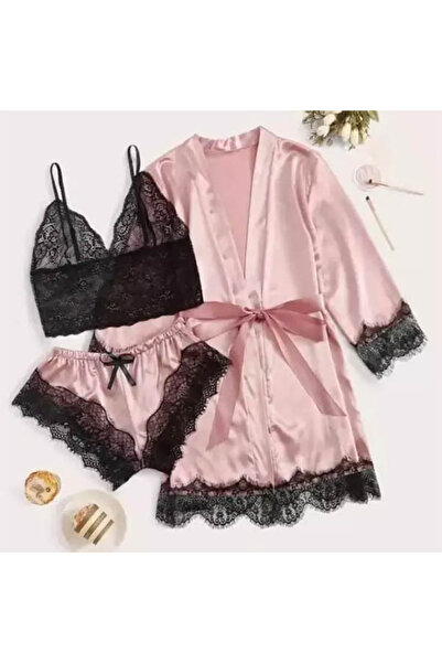MANGATA Women's Pajama Set 3 Pieces Pink Satin Lace Robe