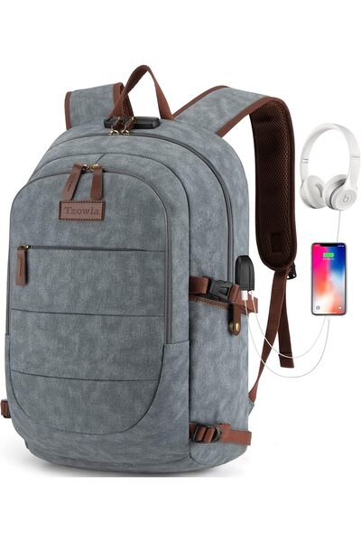 Tzowla Canvas Laptop Backpack, Anti-Theft Travel Rucksack with USB Port, Fits 15.6-inch Laptop