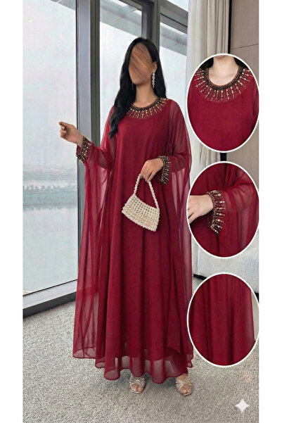 Haifa Fashion Long chiffon evening dress in red with hand embroidery, kaftan