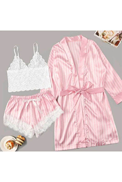 MANGATA Women's Pajama Set 3 Pieces Striped Pink Satin Lace Robe
