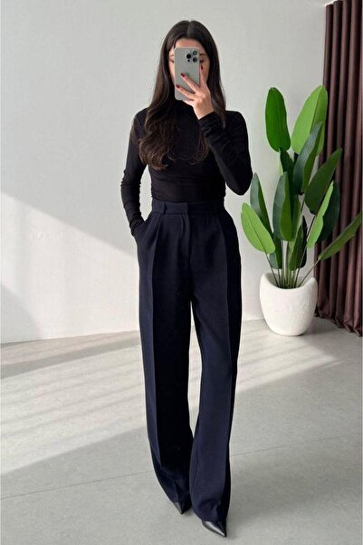 Mine Tan Butik talie înaltă Pantaloni pentru femei model Palazzo - Albastru închis