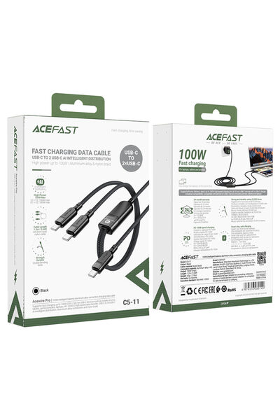 Acefast Charging Cable USB-C, 2-in-1 2 USBC Cable, 100W PD Fast Charging, 1.2m Braided Cable -Black