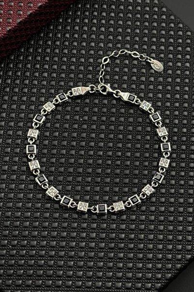 FRNCH 925 Ayar Gümüş Siyah-Beyaz Zirkon Taşlı Gümüş Renk Erkek Bileklik FRJ12...