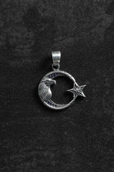 FRNCH 925 Ayar Gümüş Karga ve Türk Bayrağı Figürlü Gümüş Renk Erkek Kolye Ucu...