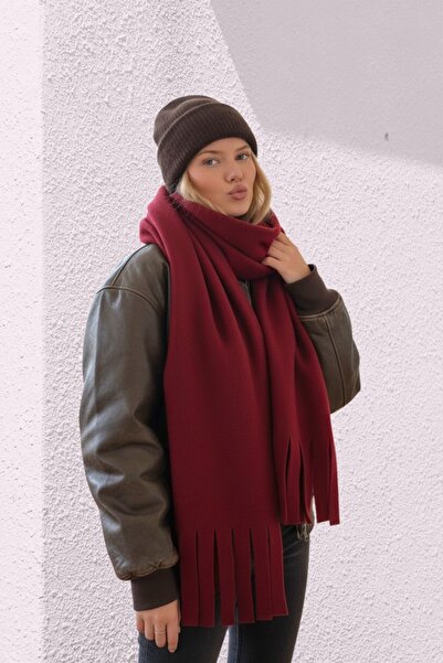 NEWCO Şal din lână țesută de pluș cu detaliu cu ciucuri - Burgundy
