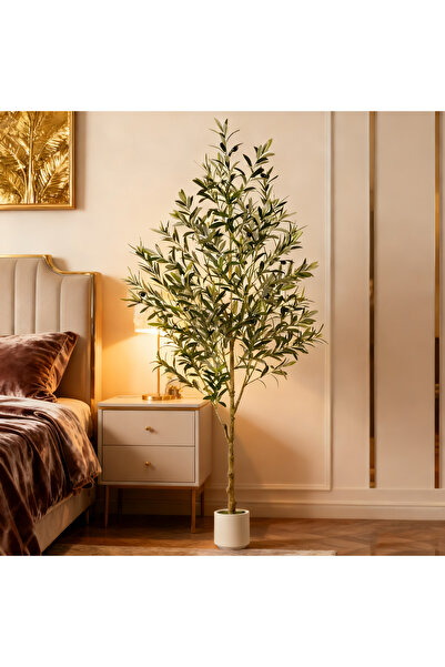 BESTONE شجرة زيتون اصطناعية بطول 213 سم مع وعاء أبيض طبيعي الملمس، نبات صناعي للاستخدام الداخلي والخارجي