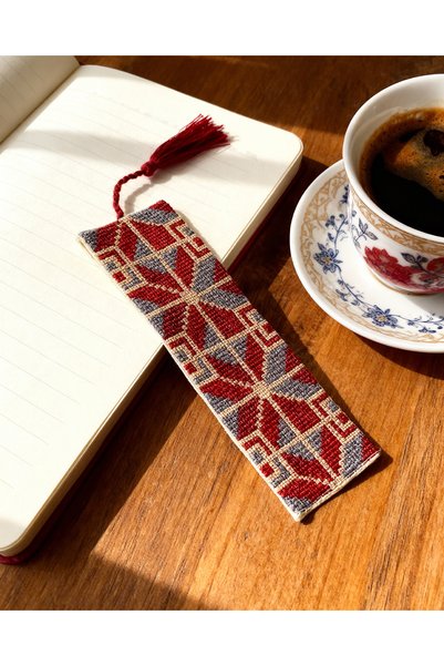 Zaytoon Bookmark Palestine Embroidered Geometric Patterned Handmade Fabric 16X5 cm Red