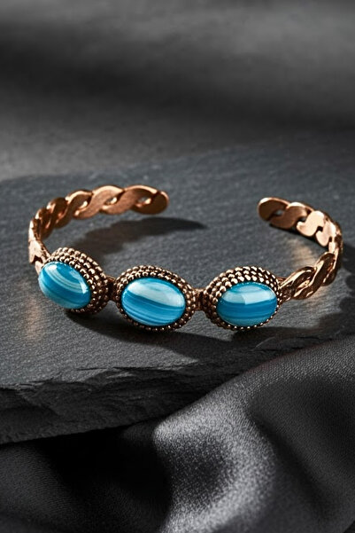 Otto Man Steel Jewelry Kadın Saf Bakır Bileklik Örgü Model Üç Sıra Mavi Akik ...