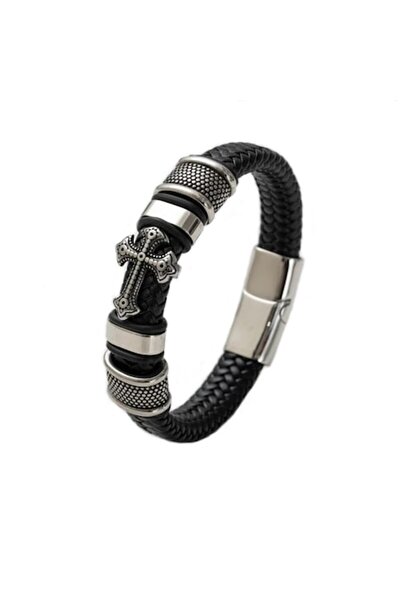 Sarphia Store CoolSmile - Brățară bărbătească cu accesoriu cruce și detalii metalice, mărime fixă, argintie