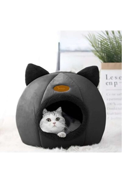 Purlov Cat House - Plush Igloo Bed with Ears, Cushion Included, Durable Non-slip Washable, Black