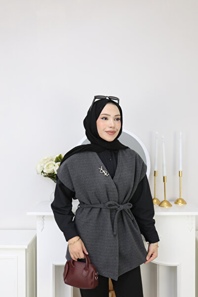 moda paketi Women's Belted Cashmere Vest – Hijab Oversized Winter Vest-Lined