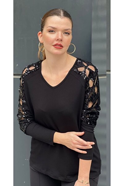 MARE BUTİK Simli Detaylı Omuz Dekolteli Siyah Bluz