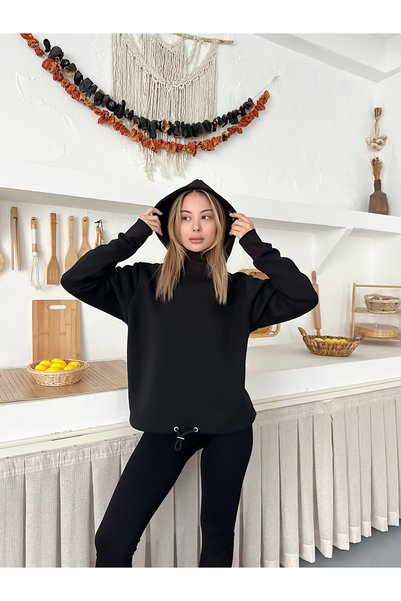 Ay Moda Collection Women's Sweatshirt with 3-Thread Fabric Skirt and Hood Drawstring Detail