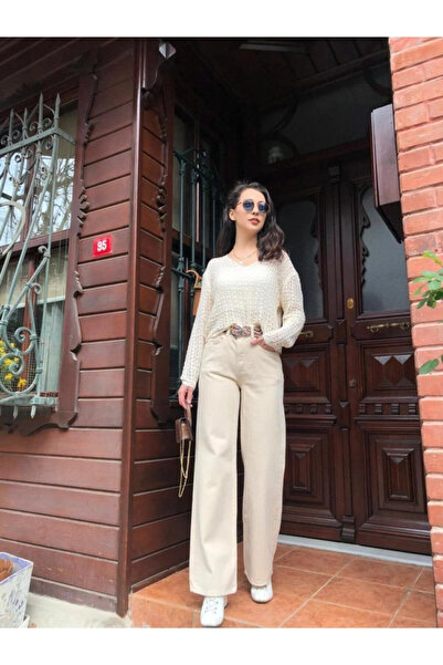 kleshus Nvn Cream Γυναικείο Casual Lycra Άνετη Γραμμή Palazzo Τζιν Παντελόνι ...