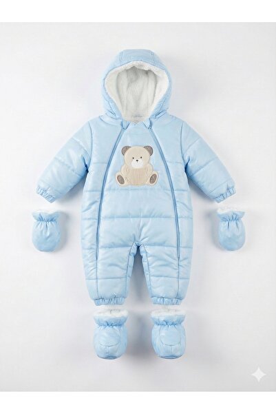 minniobaby Erkek Bebek Mavi Ayıcıklı İçi Kürklü Astronot Tulum (Eldiven ve Pa...