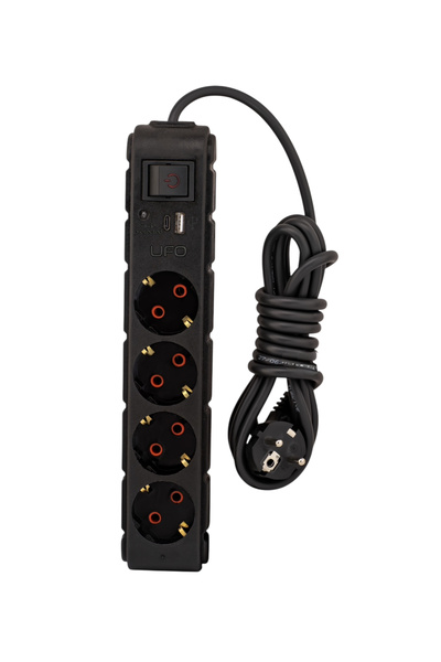 UFO Akım korumalı grup priz 1.5 mt kablolu anahtarlı siyah 4 lü ve USB+type-c...