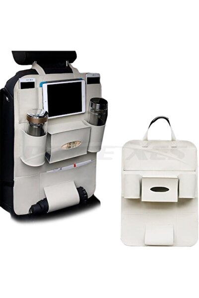 OEM XES Car Seat Back Organizer, 60 x 40 cm, Beige PU Leather, Waterproof, Multiple Pockets