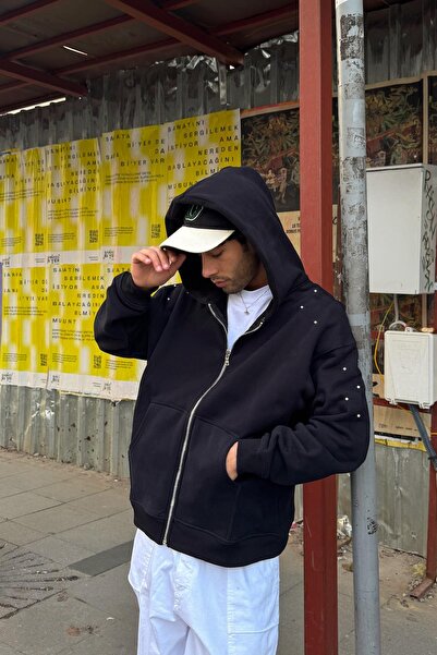 Flaw Wear Premium Kumaş İnci Taşlı Fermuarlı Hoodie Siyah