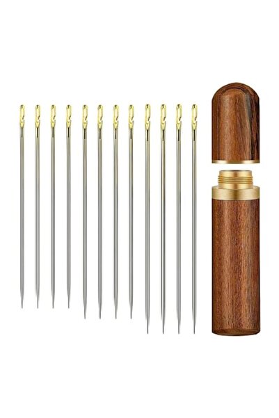 Sarphia Store Set of 12 Innovative Sewing Needles with Special Thread Eye and Wood Holder (hand sewing/emb