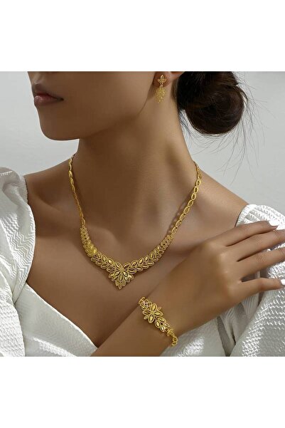 İnci Mercan Bujiteri 4 Parça Altın Görünümlü Düğün Seti - (Kolye, Bileklik, Küpe)