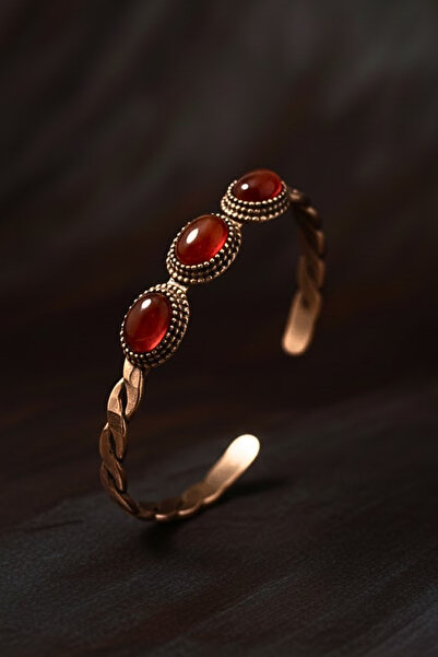 Otto Man Steel Jewelry Kadın Bakır Bileklik Örgü Model Üçlü Kırmızı Akik Doğa...